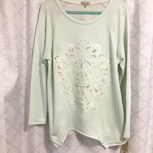 Democracy Pale Green Embroidered Sweatshirt With Unfinished Hem - 1X (NW…